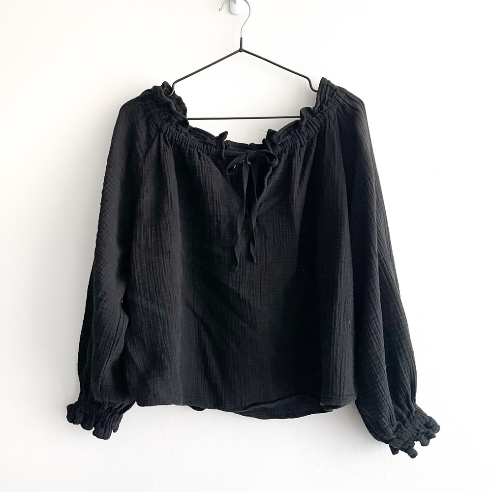 Black Zara Textured Off The Shoulder Puff Sleeve Blouse - S